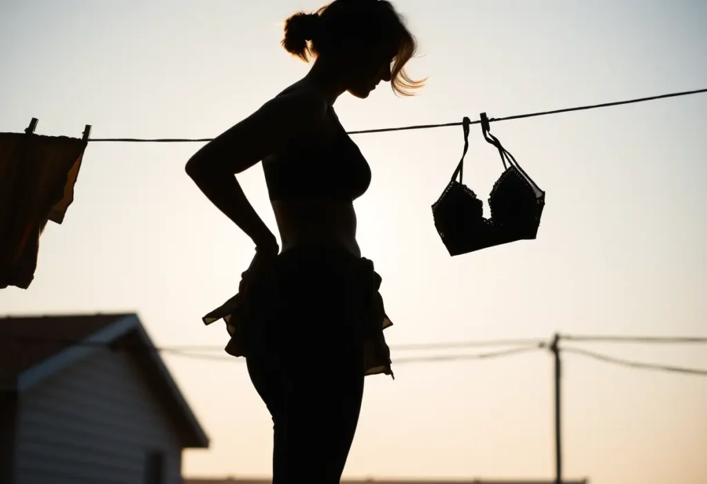 Un profil féminin accroche du linge, dont des soutiens-gorges, sur une corde à linge extérieure, sous une légère brise, lumière naturelle