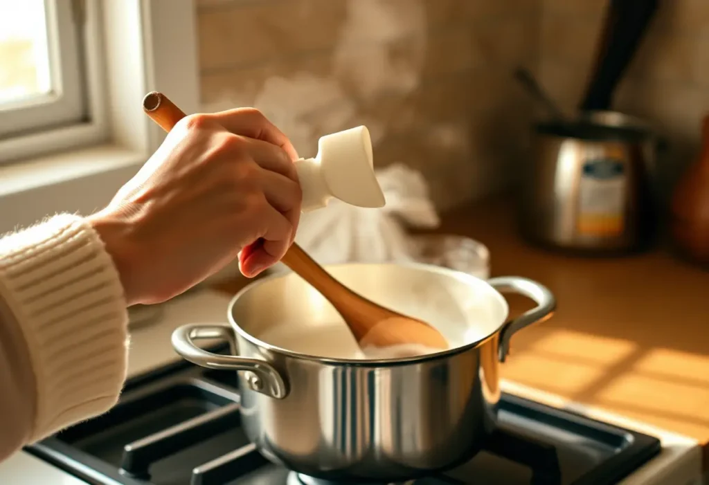 Une main féminine tient délicatement une cuillère en bois au-dessus d'une casserole, illustration d'un soin intime au quotidien