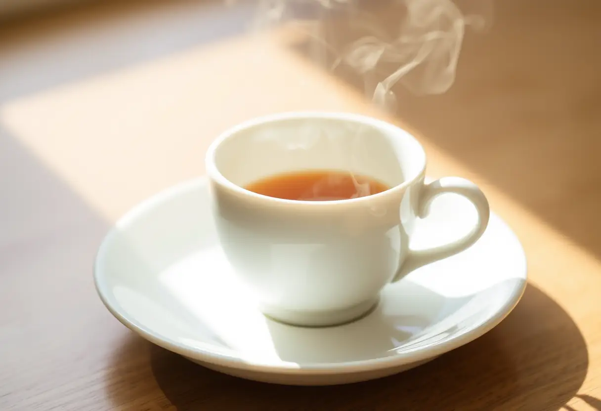 Une tasse en porcelaine posée sur une soucoupe blanche, évoquant la douceur et la tranquillité, illustrant la pratique régulière d'exercices de bien-être