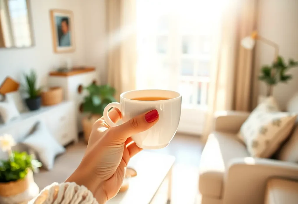 Une main tenant une tasse de thé chaud dans un salon accueillant, lumière naturelle apaisante