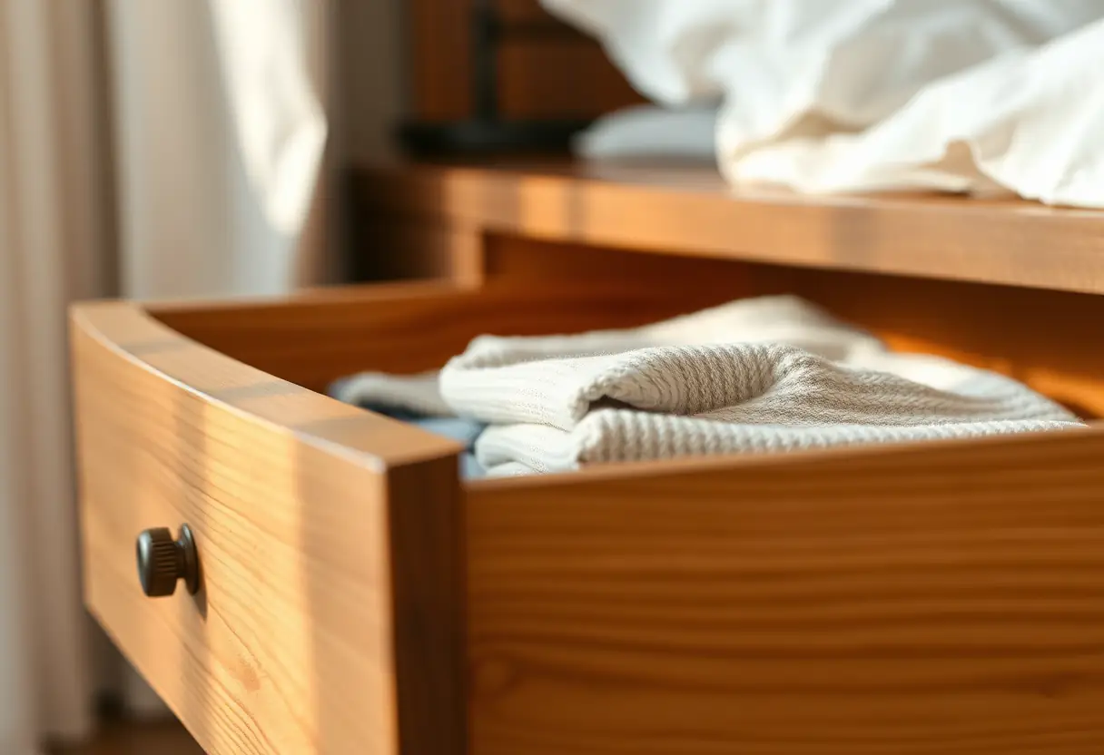 Un tiroir en bois partiellement ouvert montrant des vêtements soigneusement pliés, la lumière met en valeur la texture chaleureuse du bois