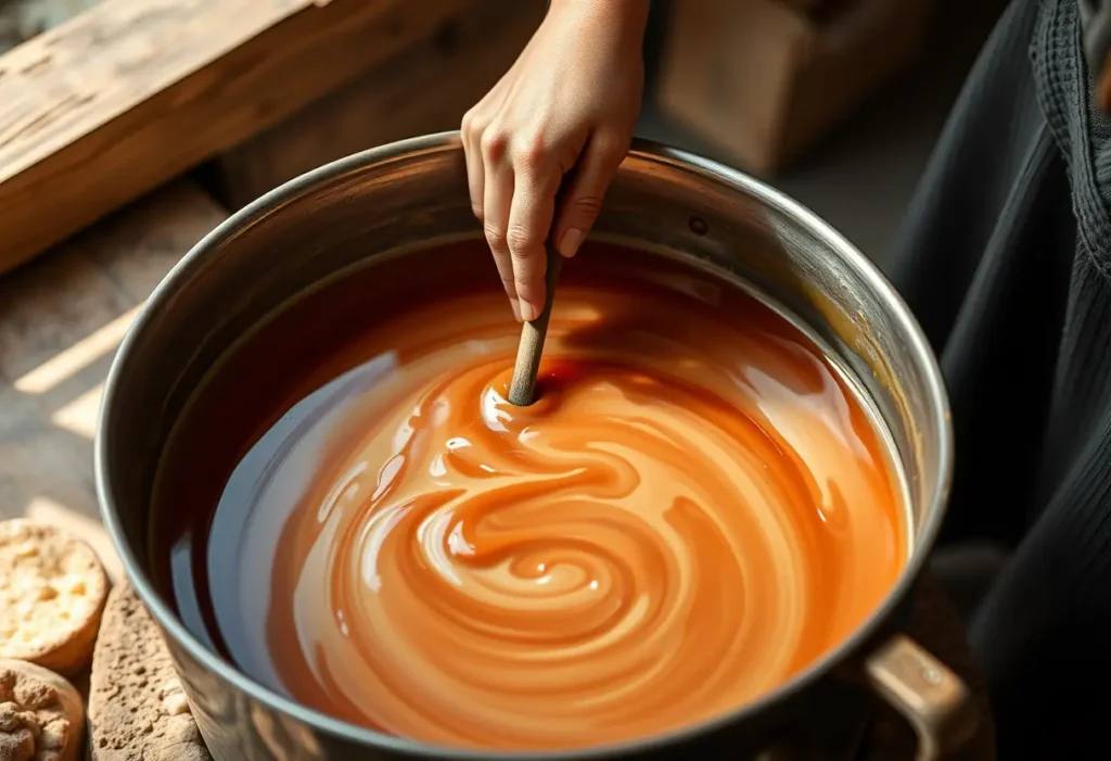 Une main féminine remue délicatement une grande casserole métallique remplie de cire fondue.