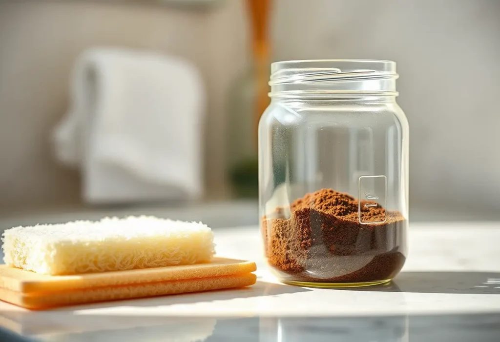 Un gant de toilette et un pot contenant du café moulu et de l'huile de coco sur un meuble de salle de bains, éléments d'un gommage revitalisant.