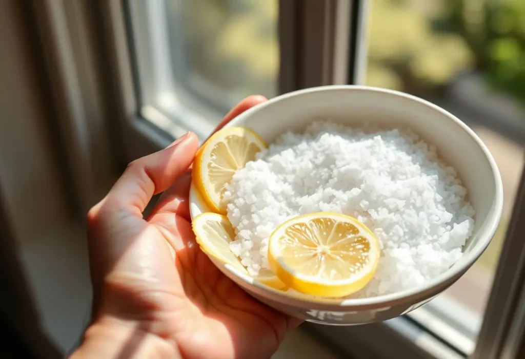 Une main tient un bol rempli de sel grossier et de tranches de citron, préparant un gommage purifiant