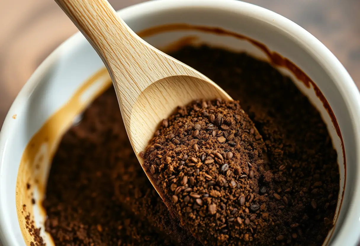 Un mélange de grains de café et de sucre brun est mélangé dans une casserole en porcelaine
