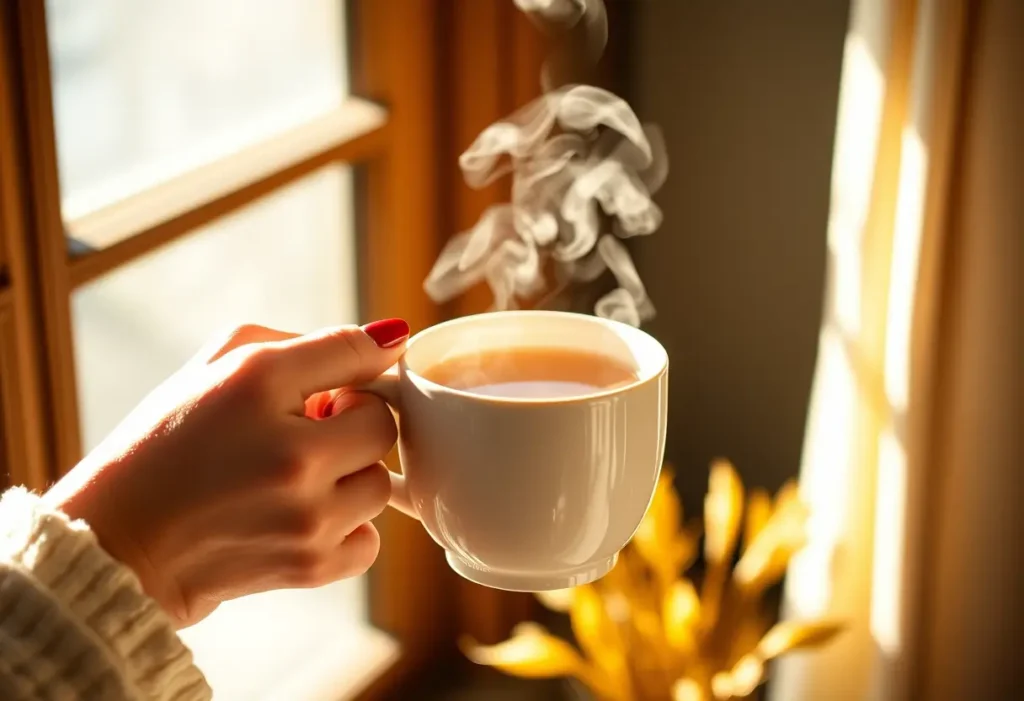 Une main tenant une tasse de thé chaud, apaisante et réconfortante.