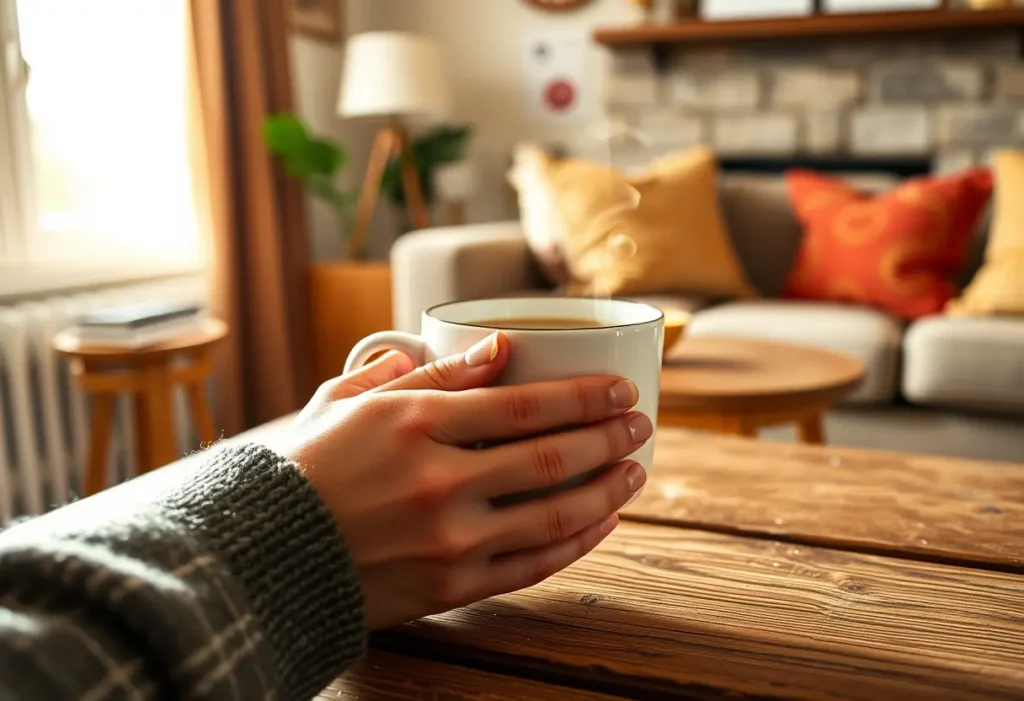 Une main tenant une tasse fumante de thé herbale posée sur une table en bois dans un salon accueillant.