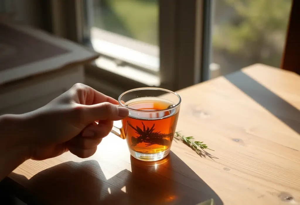 Une main féminine tenant une tasse de thé chaud, symbolisant la sérénité et la détente