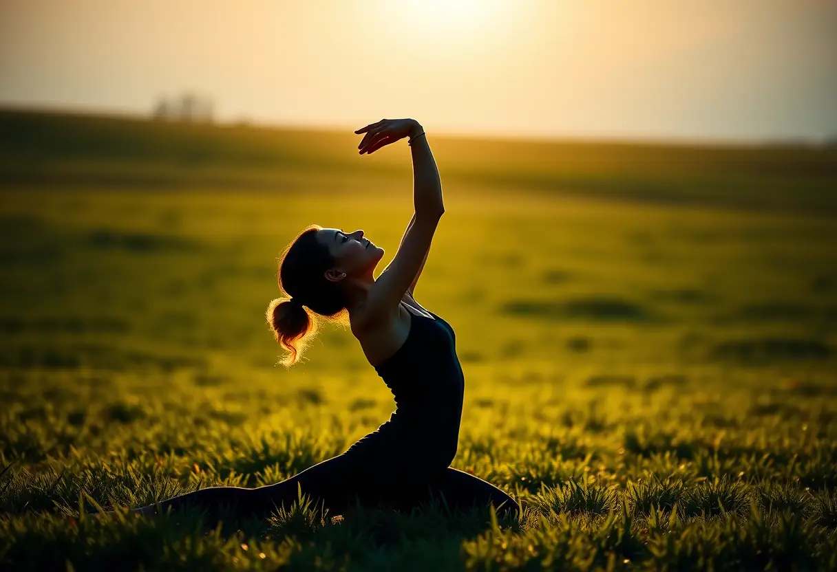 Un profil d'une femme pratiquant le yoga au lever du soleil, représentant la connexion entre le corps et l'esprit