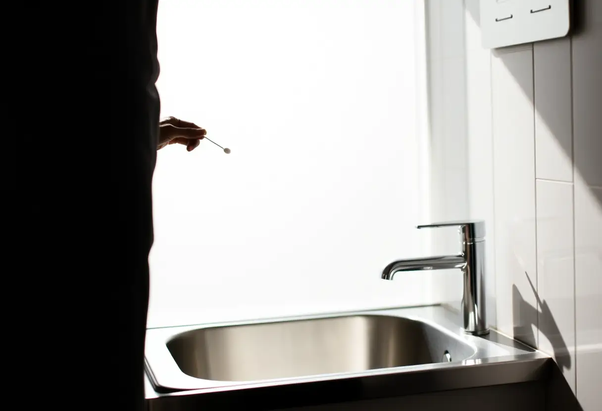 Un profil se penche sur un lavabo en acier inoxydable, tenant un coton-tige, lumière naturelle