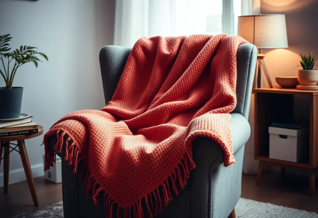 Un plaid réconfortant enveloppe un fauteuil moelleux, illustrant le besoin de repos lors des règles douloureuses
