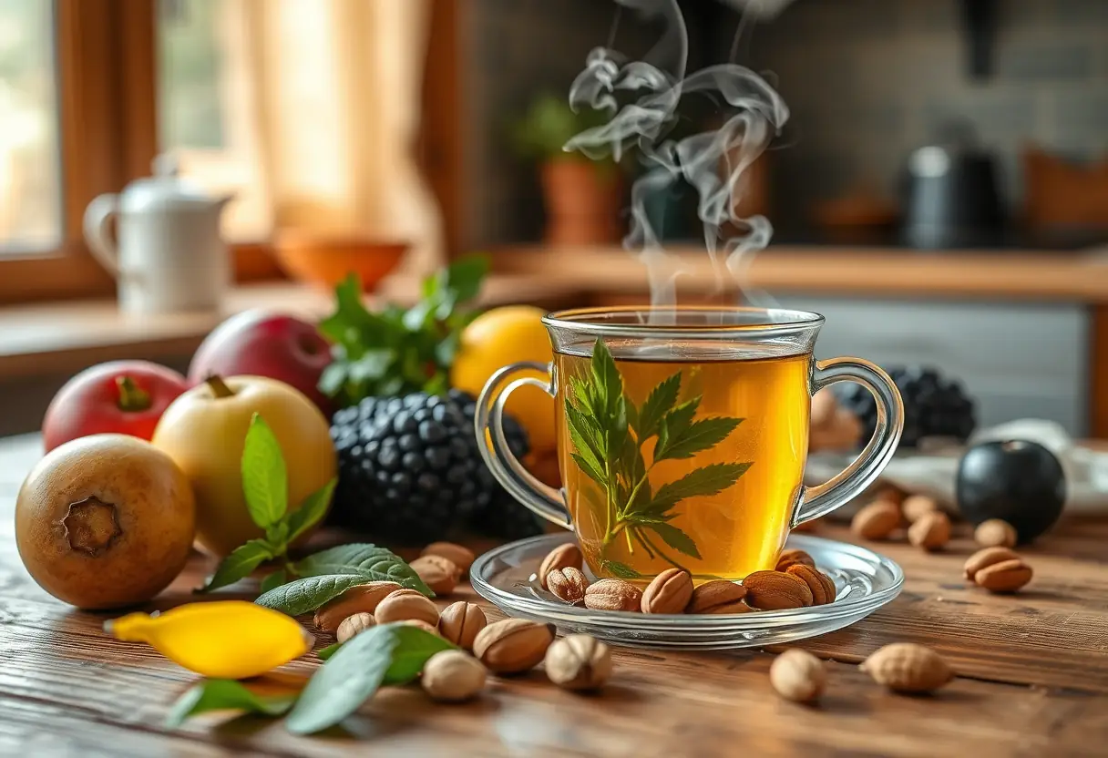 Une tasse de thé aux herbes sur une table en bois, entourée de fruits frais et de noix, évoquant des choix alimentaires sains contre l'inflammation