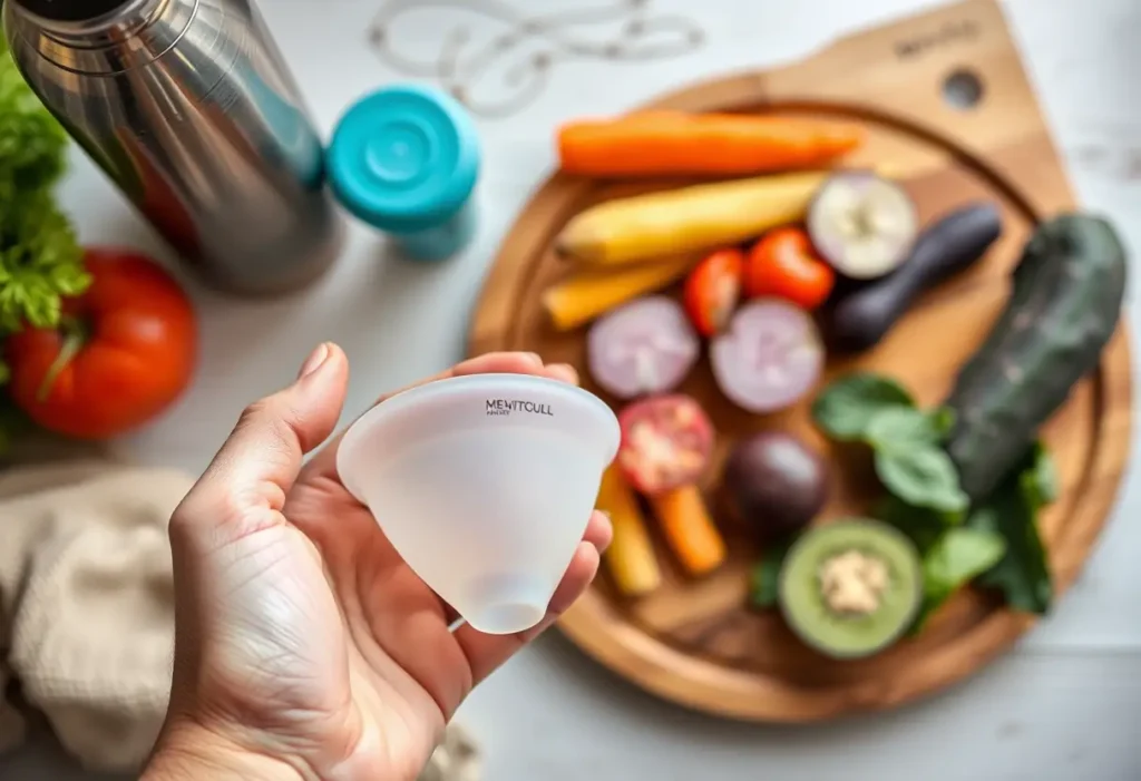 Une main tient une coupe menstruelle réutilisable près d'une bouteille d'eau et d'un plan de travail avec des aliments frais.