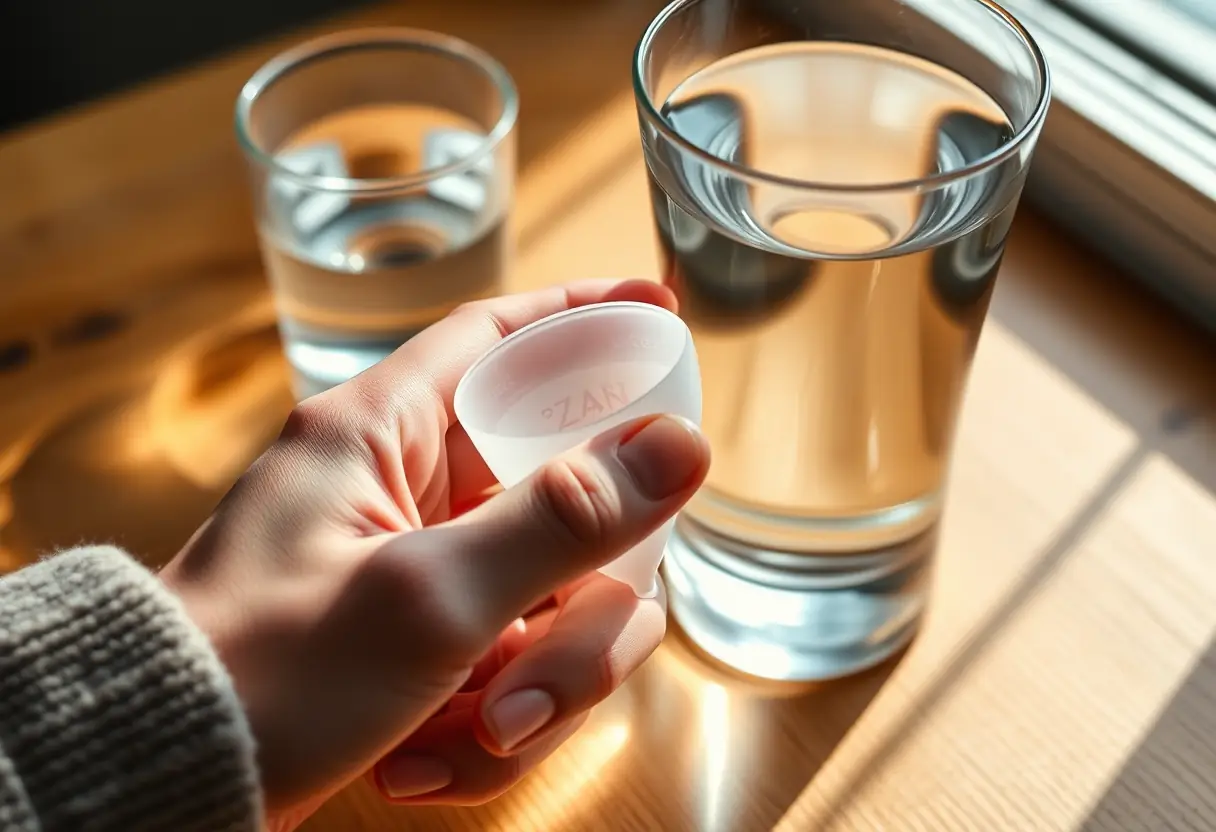 Main tenant une coupe menstruelle près d'un verre d'eau sur une table en bois