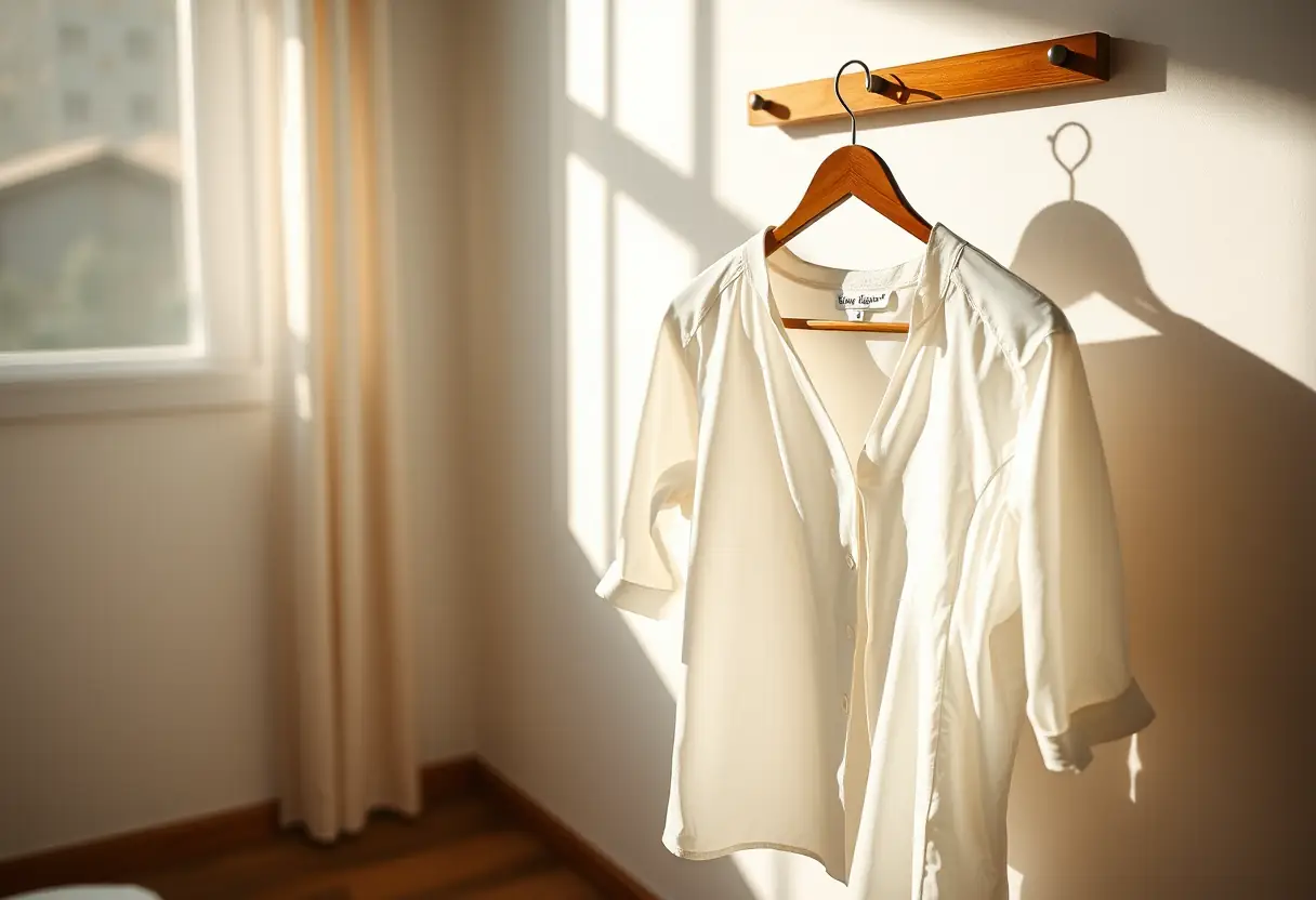 Vue d'une blouse posée sur un cintre dans une chambre