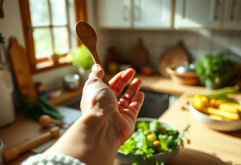 Une main féminine tenant une cuillère en bois dans une cuisine, symbole de soin et de bien-être.