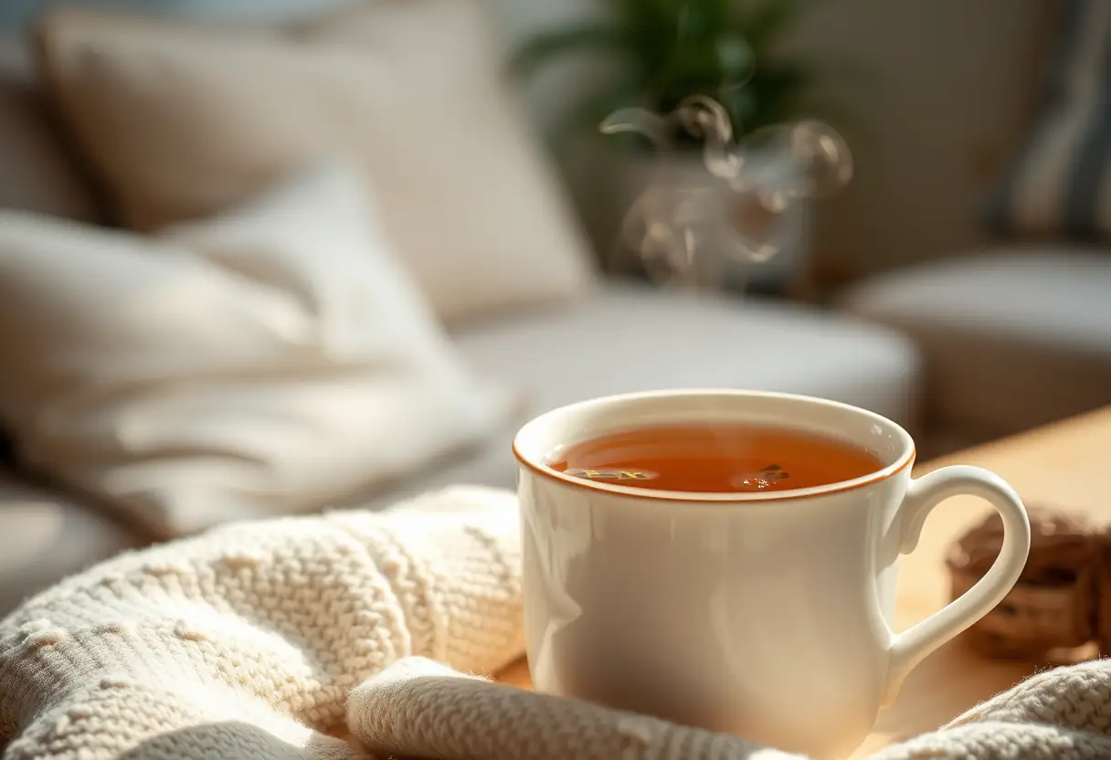 Vue rapprochée d'une tasse de céramique pleine de thé herbeux, représentant le confort et la détente après une journée chargée.