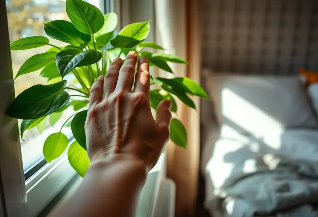 Une main ajuste une plante à la fenêtre, apportant de la verdure et de la lumière dans la chambre, bien-être post-partum.