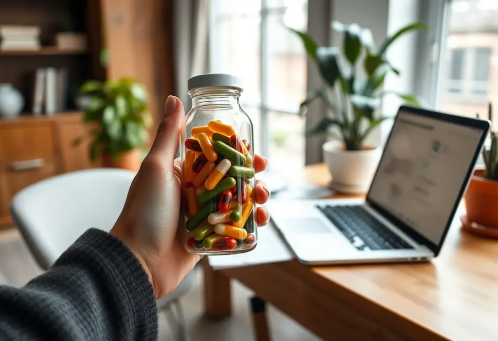 Une main féminine tenant une bouteille de compléments alimentaires sur un bureau accueillant.