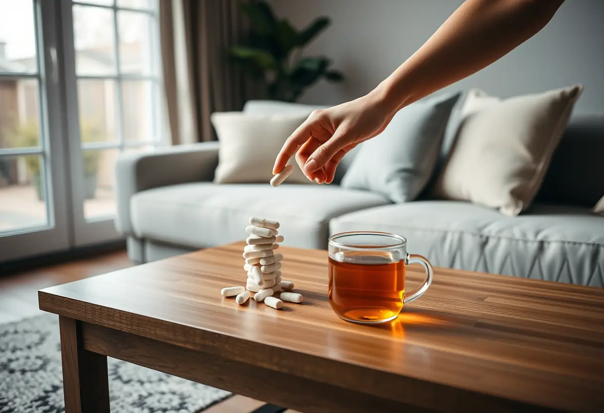 Une table basse dans un salon calme avec des compléments alimentaires et une tisane, symbolisant la récupération post-partum.