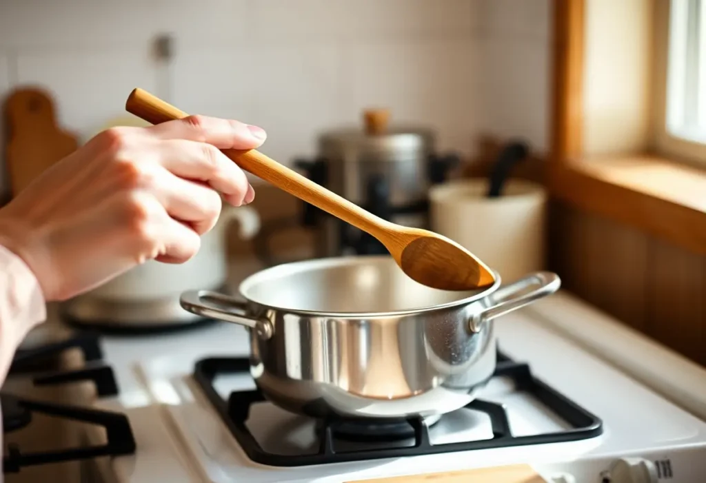 Une main féminine tient une cuillère en bois dans une cuisine.
