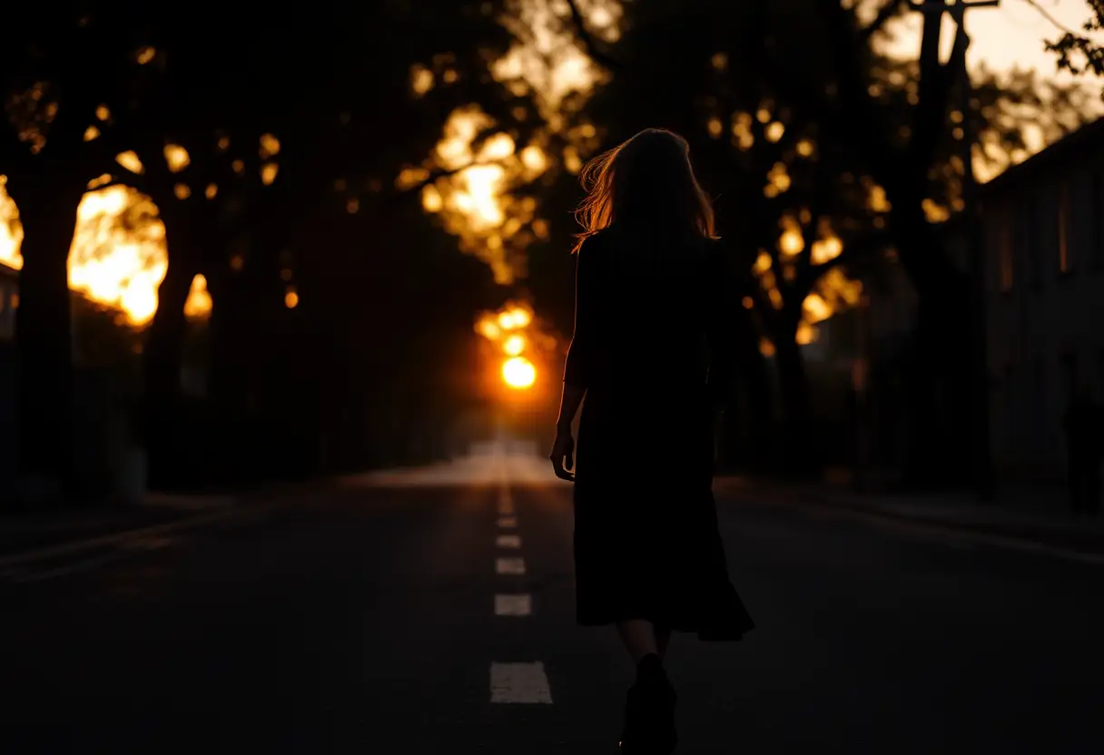 Une femme marche seule le soir tombant.