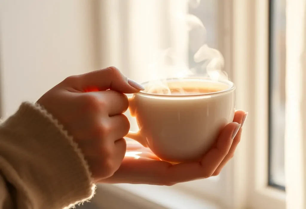 Une main féminine tenant une tasse de thé chaud émanant de la vapeur, lumière naturelle, bien-être féminin