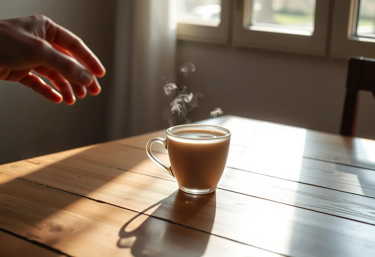 Un gobelet d'eau chaude sur une table, une main s'en approche doucement, bien-être féminin