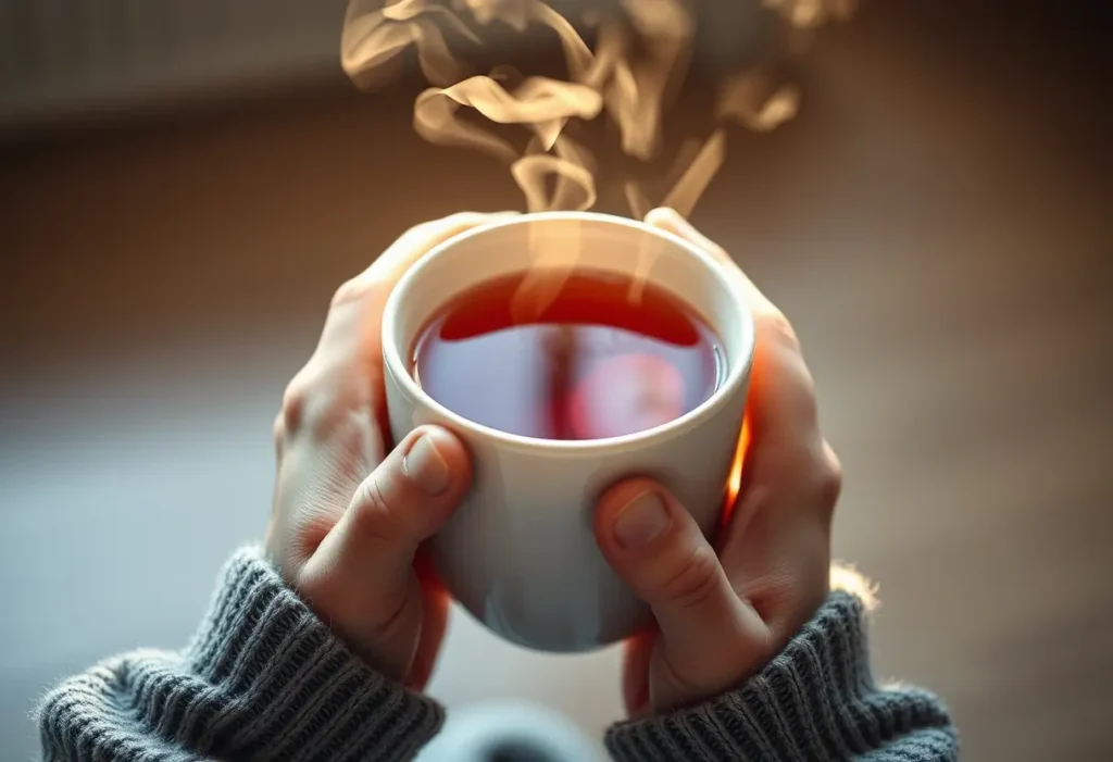 Des mains tenant une tasse de thé, la vapeur s’élève doucement, la tasse réchauffée reflète la lumière ambiant, soulignant le confort du moment