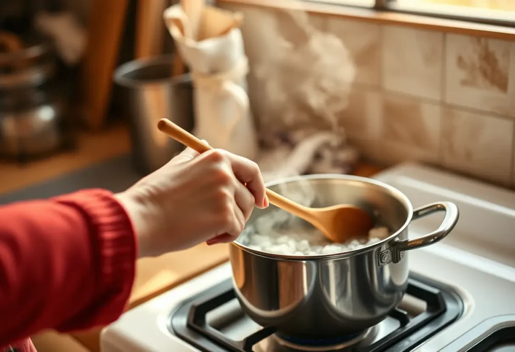 Main: Une main féminine tenant une cuillère en bois au-dessus d’une casserole sur un fourneau.