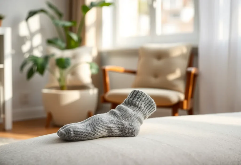 Une paire de chaussettes posées près d'un fauteuil dans un salon accueillant, illustrant la mise en pratique des exercices de confiance en soi.