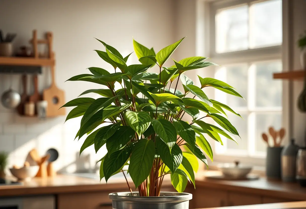 Un grand pot de plantes dans une cuisine bien éclairée, symbolisant la croissance et le développement de la confiance en soi.