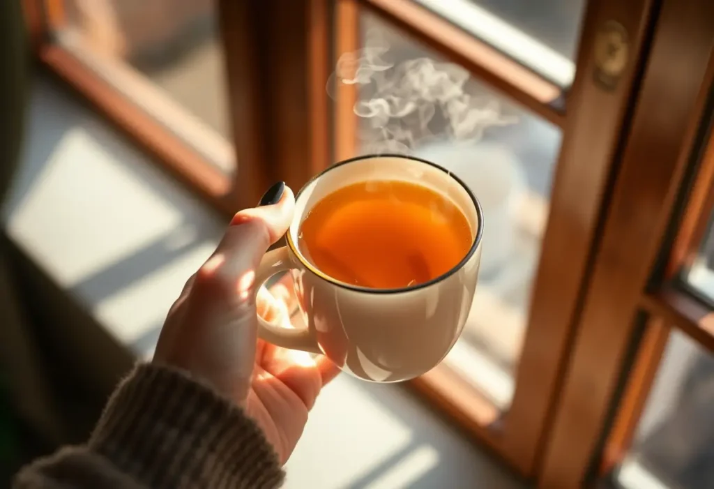 Une main féminine tenant une tasse de thé chaud, symbolisant la douceur et la sérénité