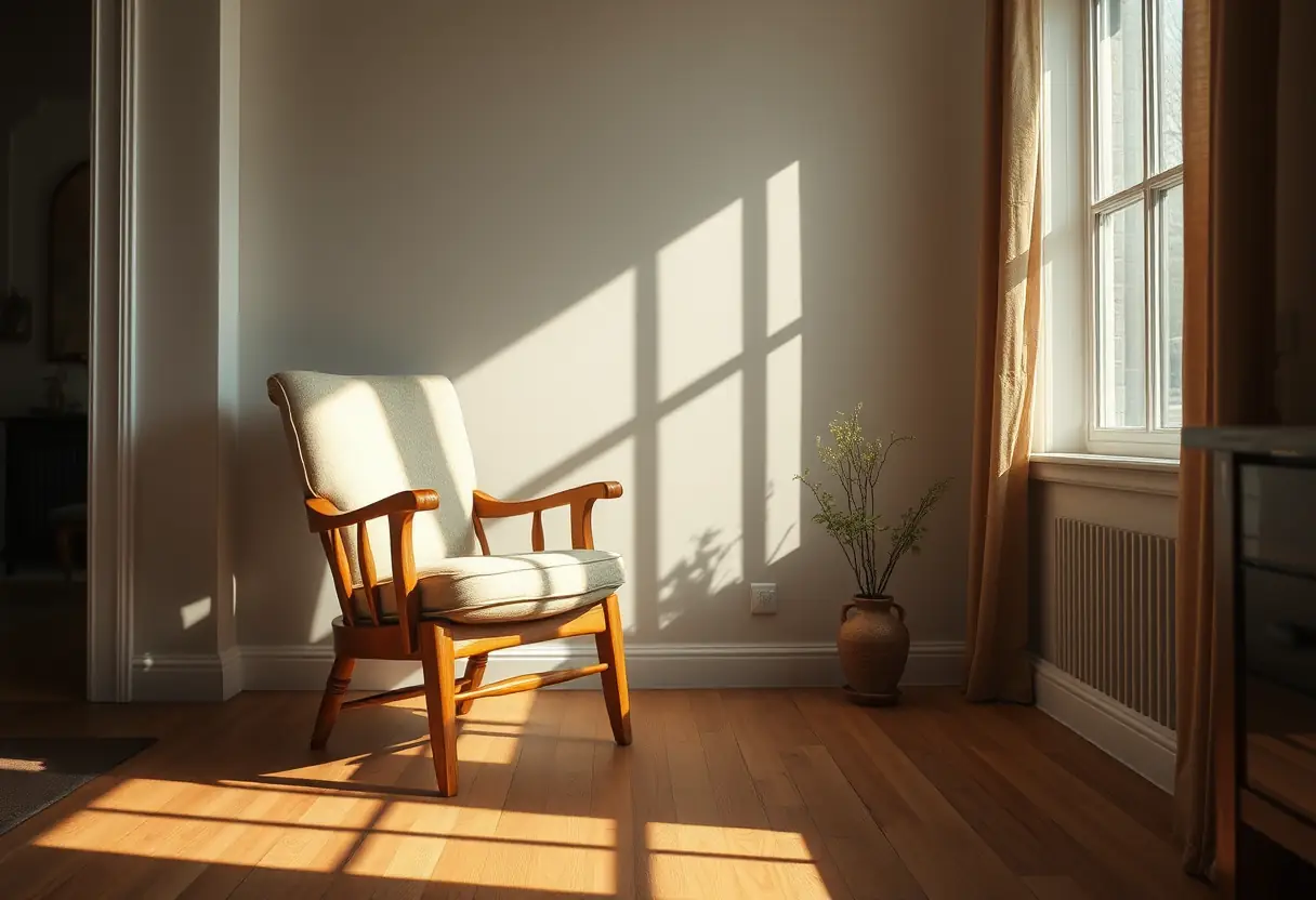 Un fauteuil en bois dans un salon accueillant, évoquant confort et bien-être