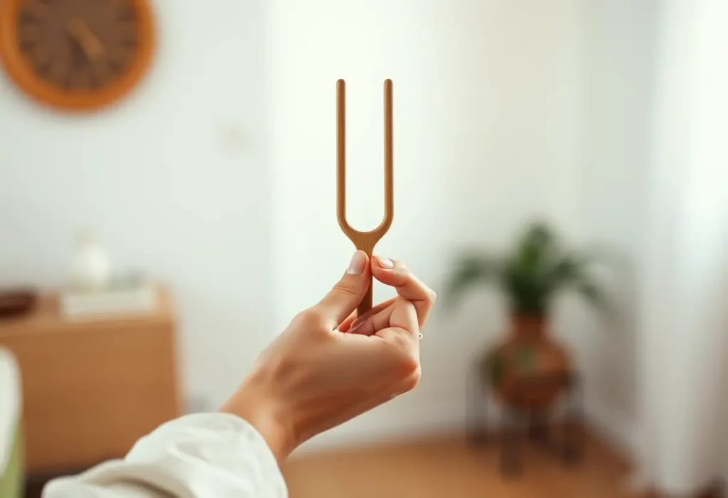 Une main tenant un diapason en bois, symbole de l'harmonie intérieure.