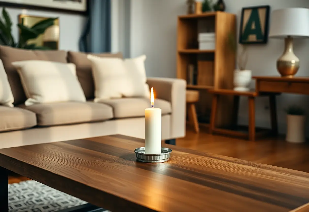Une table basse en bois dans un salon accueillant, avec une bougie allumée, symbole de la confiance en soi.