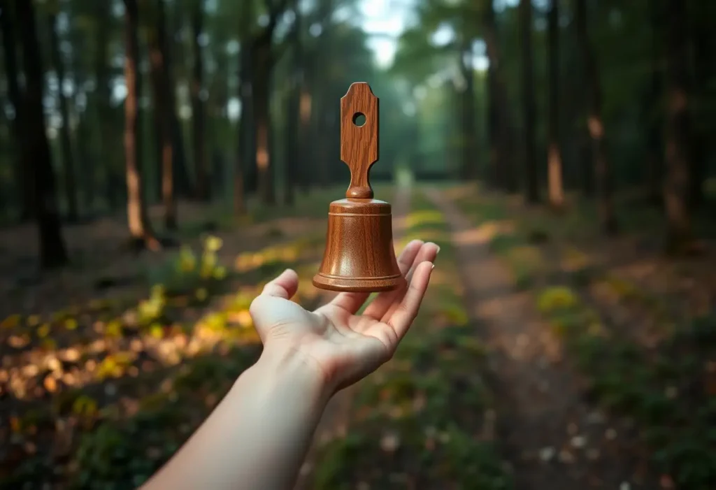 Une main féminine tenant délicatement un carillon en bois au milieu d’un sentier forestier au lever du jour