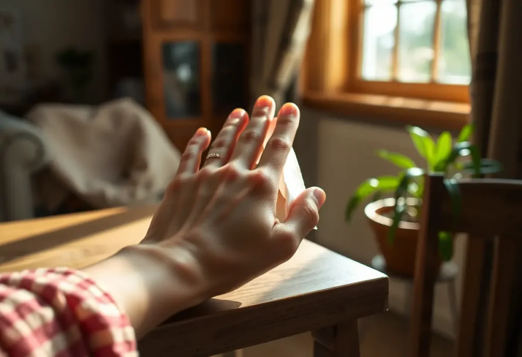 Une main féminine tient doucement un tampon en coton imbibé de lochies, posé sur une table de bois dans un intérieur accueillant, éclairé naturellement.