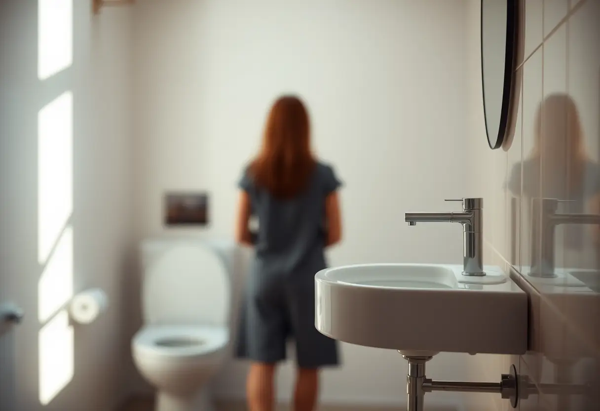 Une silhouette féminine se tient près d'un lavabo mural rempli d'eau tiède pour le soin du périnée, dans une salle de bain avec un WC en porcelaine blanche, éclairée naturellement.