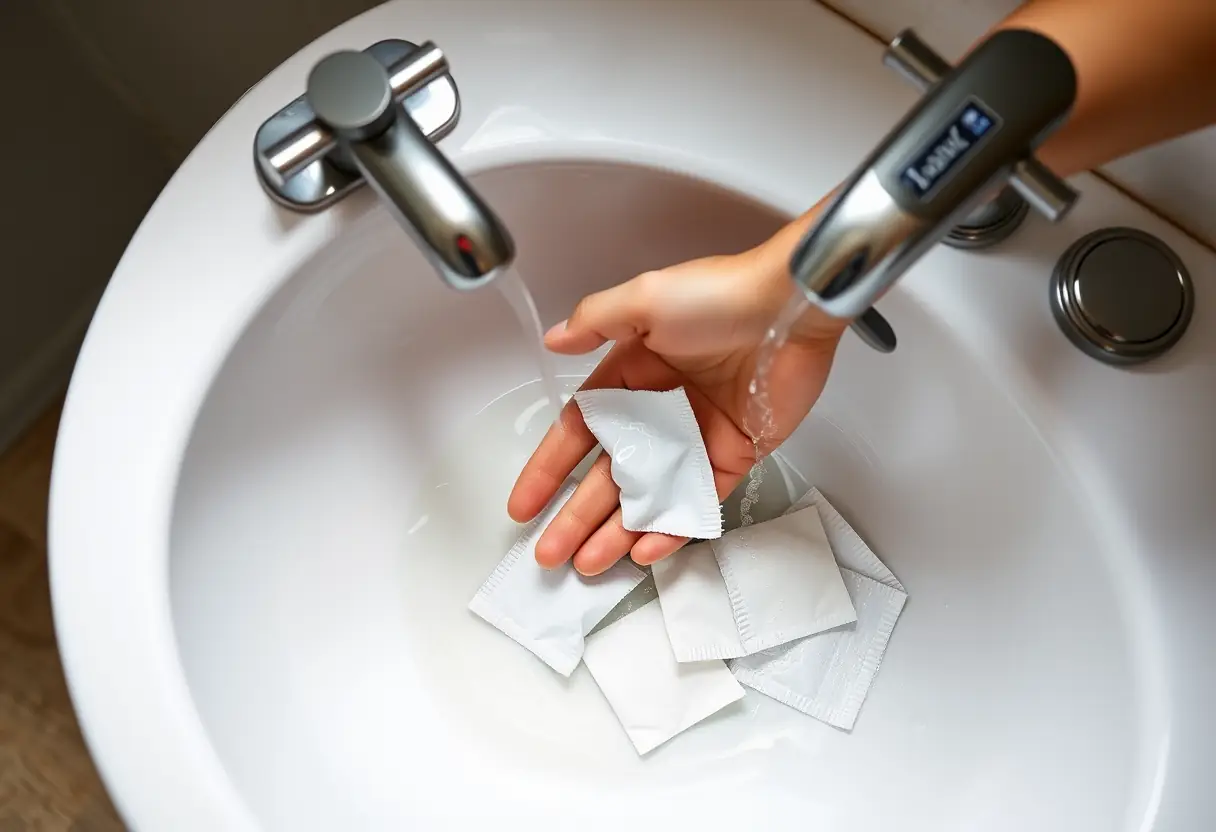 Un lavabo avec une bassine en porcelaine où l'on lave des serviettes hygiéniques