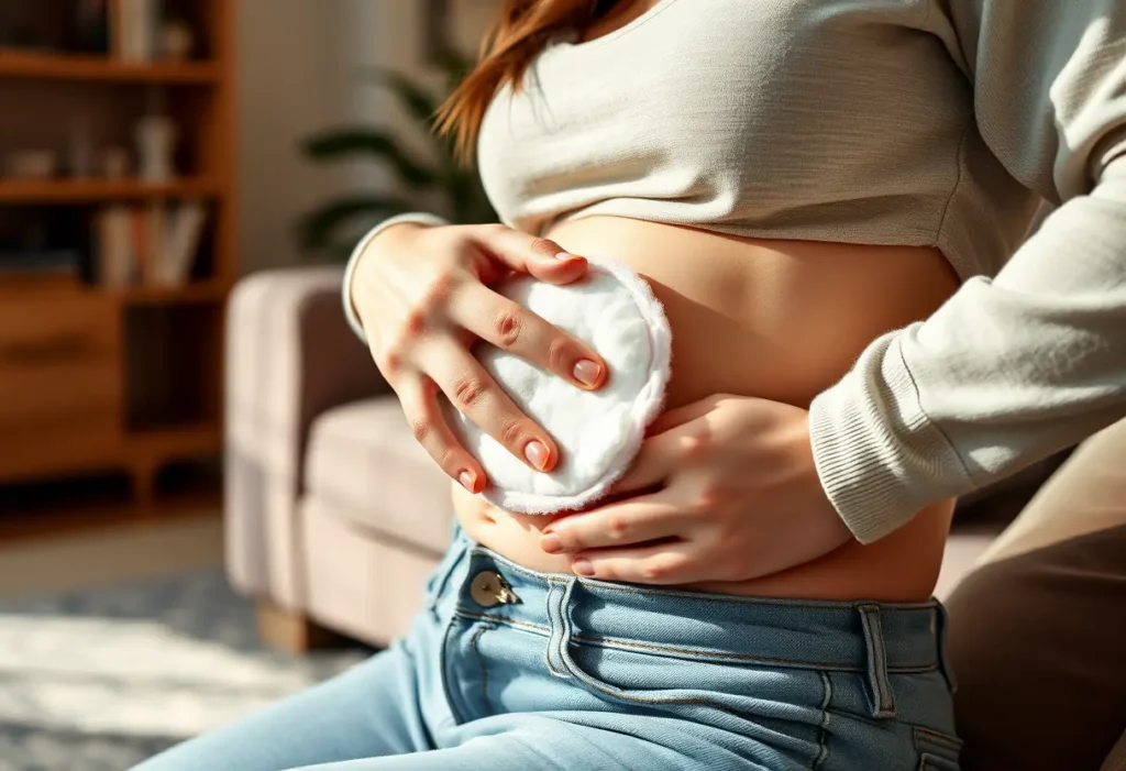 Main de femme tenant un tampon en coton doux sur son ventre, dans une atmosphère apaisante et chaleureuse.