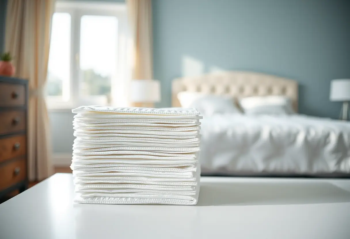Paquet de coussins jetables bien rangés sur une commode, évoquant la préparation et le soutien durant la période de récupération.