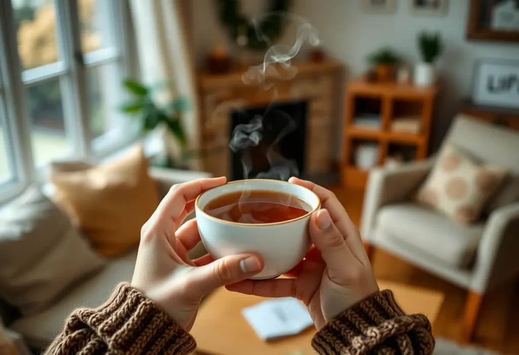 Des mains tenant une tasse de thé herbeux, la vapeur s'élevant doucement dans un salon accueillant