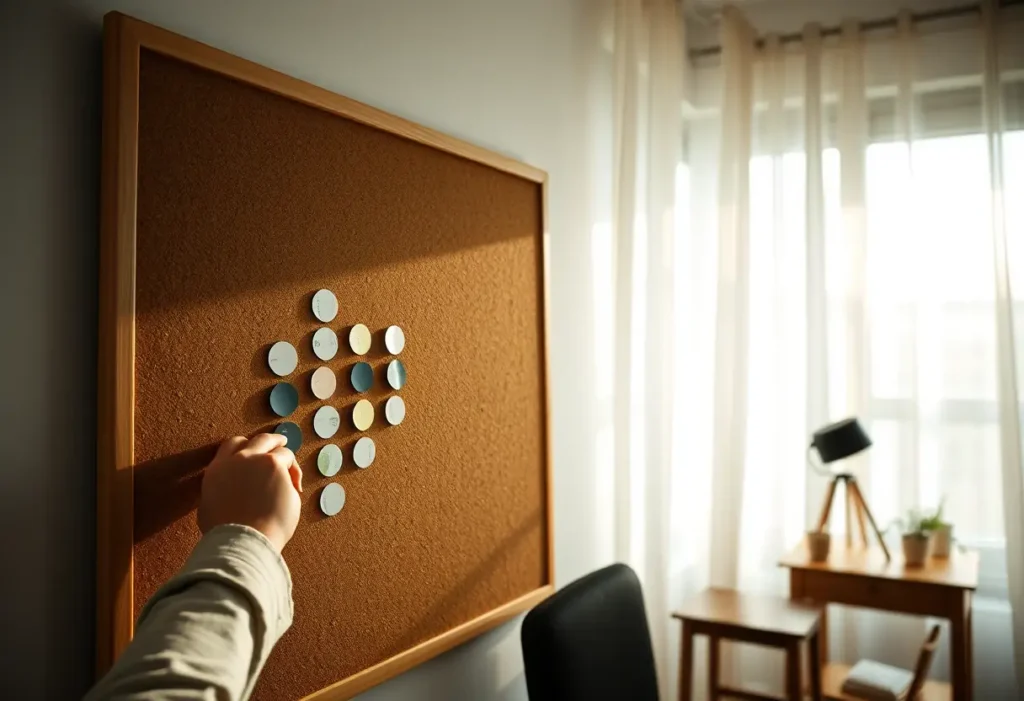 Des mains disposent de petits autocollants ronds sur un tableau blanc en liège dans un bureau accueillant, la lumière du matin filtre à travers des rideaux translucides.