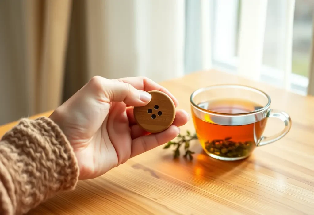 Une main féminine tenant délicatement un bouton rond en bois près d’une tasse de thé herboriste au petit matin