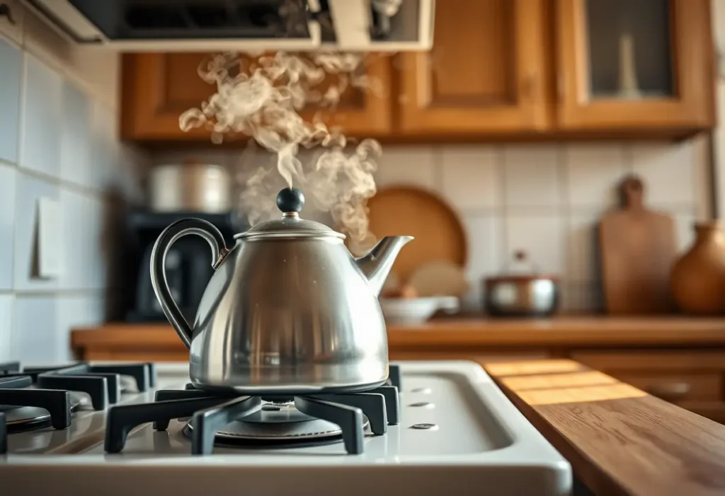 Une bouilloire siffle sur la cuisinière, chaleur accueillante