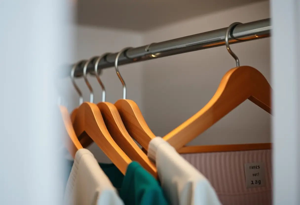 Des cintres de bois dans un placard, organisation paisible