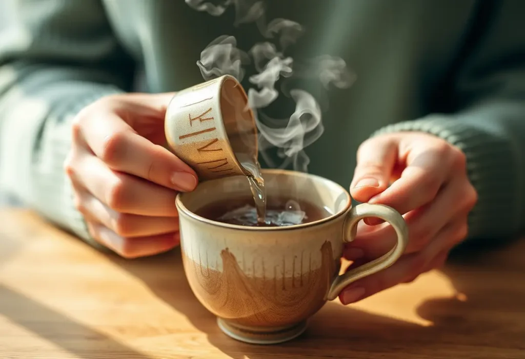 Des mains versent de l'eau chaude dans une tasse de porcelaine, évoquant le réconfort pendant les règles, illustrant la nécessité de prendre soin de soi.