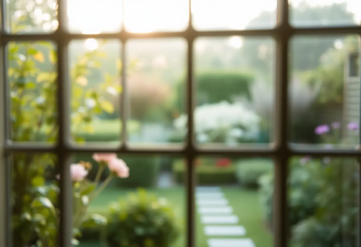Vue floue d'un jardin apaisant à travers une fenêtre, symbolisant la phase post-ovulatoire calme, mettant en lumière l'importance de cette période de repos.