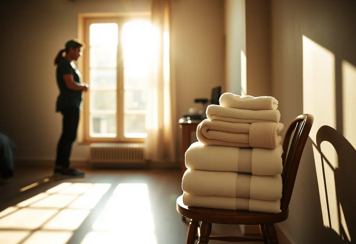 Silhouette près d'une fenêtre avec des serviettes de bain